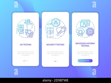 App testing components onboarding mobile app page screen with concepts Stock Vector