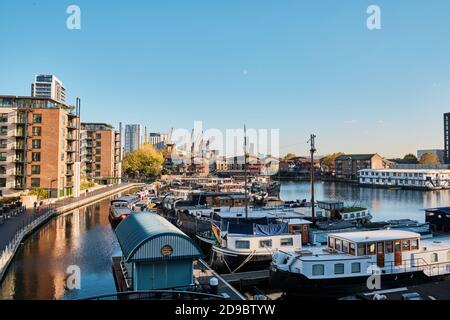 Blackwall Dock with the O2 arena in the background, London, United Kingdom, 4th November 2020 Stock Photo