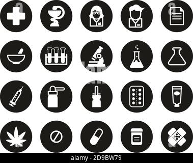 Pharmacy Or Drugstore Icons White On Black Flat Design Circle Set Big Stock Vector