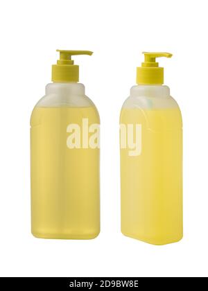 liquid soap with dispenser isolated on white background. Yellow soap bottle Stock Photo