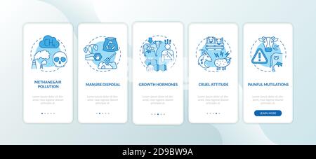Unethical farm production blue onboarding mobile app page screen with concepts Stock Vector