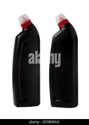 Black plastic bottle with red cap for detergent. Isolated on white background. Stock Photo