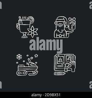 Christmas time recreation chalk white icons set on black background Stock Vector