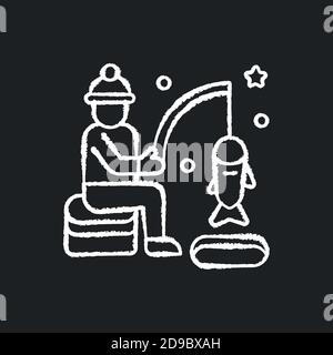 Ice fishing chalk white icon on black background Stock Vector