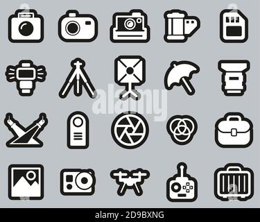 Photography Equipment Icons White On Black Sticker Set Big Stock Vector