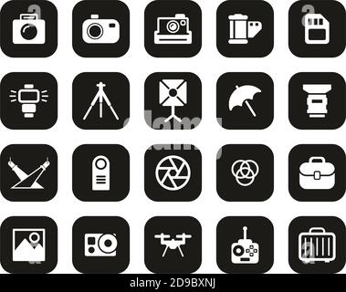 Photography Equipment Icons White On Black Flat Design Set Big Stock Vector