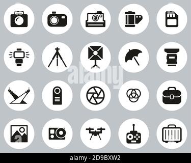 Photography Equipment Icons Black & White Flat Design Circle Set Big Stock Vector