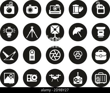 Photography Equipment Icons White On Black Flat Design Circle Set Big Stock Vector