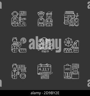 What makes America famous chalk white icons set on black background Stock Vector