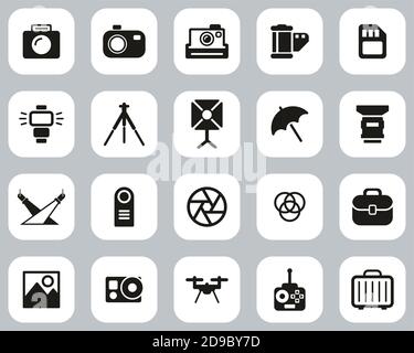 Photography Equipment Icons Black & White Flat Design Set Big Stock Vector