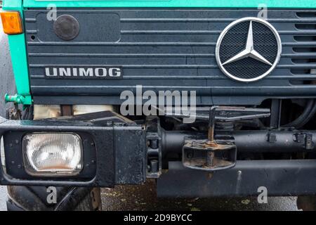 Front view of a Mercedes Unimog 4 wheel drive truck at an agricultural vehicle rally near Alnwick, Northumberland, UK Stock Photo