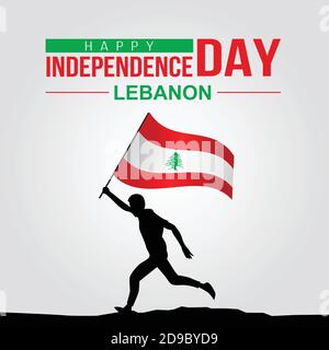Happy Independence day Lebanon Vector Template Design Illustration. silhouette man running with flag Stock Vector
