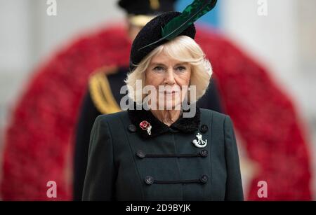 The Duchess of Cornwall, Patron of The Poppy Factory, during a visit to the Field of Remembrance, in its 92nd year, at Westminster Abbey in London, ahead of Armistice Day. Stock Photo