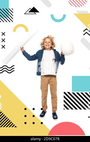 curly boy in costume of architect holding safety helmet and blueprint while jumping near illustration on white Stock Photo