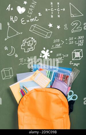 top view of backpack packed with school stationery on green chalkboard with illustration Stock Photo