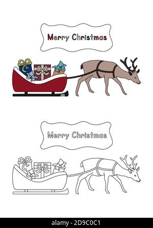 Santa's sleigh filled with gifts pulled by his Pretty reindeer. Vector illustration. Coloring for kids. Stock Vector