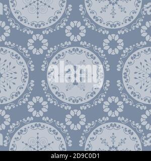 Seamless pattern christmas theme. Pretty mandalas and Frieze around with angels. Snowflakes, hearts and spirals. Color pastel blue. Stock Vector
