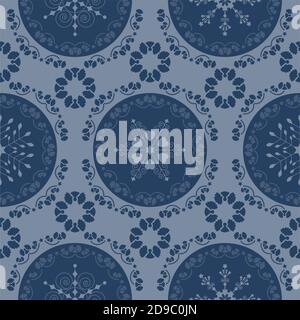 Seamless pattern christmas theme. Pretty mandalas and Frieze around with angels. Snowflakes, hearts and spirals. Color blue. Stock Vector