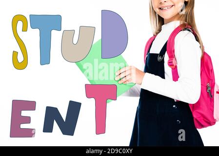 cropped view of schoolgirl holding book isolated on white, student illustration Stock Photo