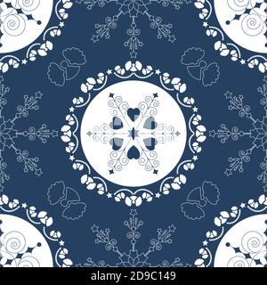 Seamless pattern christmas theme. Pretty mandalas and Frieze around with angels. Snowflakes, hearts and spirals. Colors white and blue. Vector Stock Vector