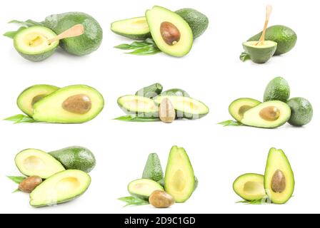 Collection of green avocados isolated on white Stock Photo