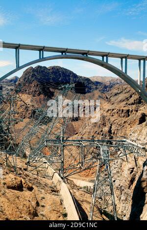 The Mike O'Callaghan – Pat Tillman Memorial Bridge was the first concrete-steel composite arch bridge built in the United States, and it incorporates Stock Photo