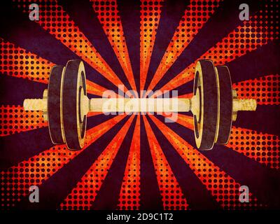 Abstract fitness themed retro design, dumbbells paper textured ...