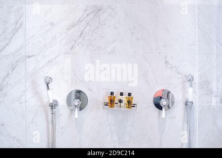 Luxury shower interiors in a Italian Hotel in Venice with double hand shower Stock Photo