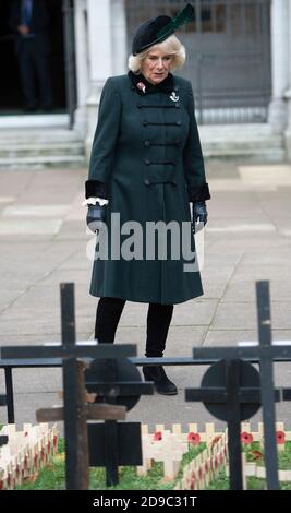 The Duchess of Cornwall, Patron of The Poppy Factory, during a visit to the Field of Remembrance, in its 92nd year, at Westminster Abbey in London, ahead of Armistice Day. Stock Photo