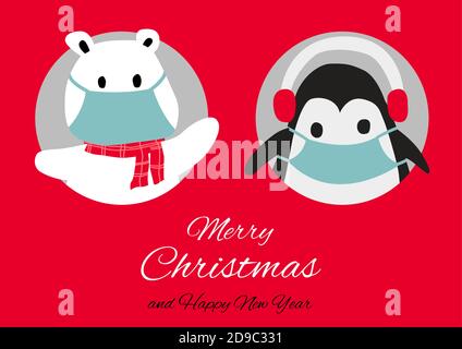polar bear and penguin are in circle hole and wear masks with happiness with Christmas invitation card design,vector illustration Stock Vector
