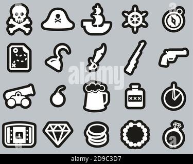 Pirate Icons White On Black Sticker Set Big Stock Vector