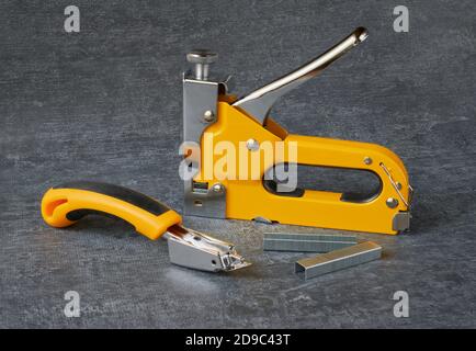 Furniture stapler and furniture staples collector close up Stock Photo