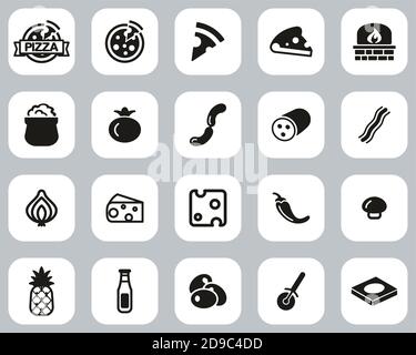 Pizza & Pizza Ingredients Icons Black & White Flat Design Set Big Stock Vector