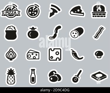 Pizza & Pizza Ingredients Icons Black & White Sticker Set Big Stock Vector