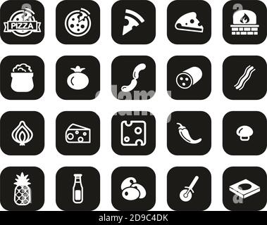 Pizza & Pizza Ingredients Icons White On Black Flat Design Set Big Stock Vector