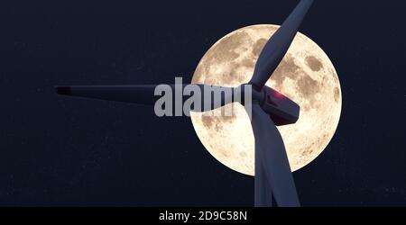 Zoom into the mill in operation with a full moon in the background. Stock Photo