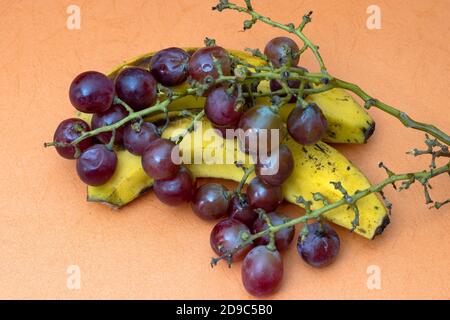 Rotten red grapes with two yellow bananas on wooden texture background Stock Photo