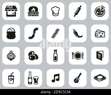 Pizzeria Or Pizza Restaurant Icons Black & White Flat Design Set Big Stock Vector