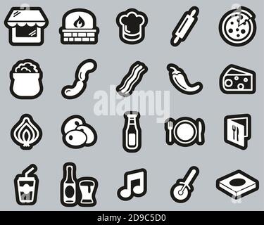 Pizzeria Or Pizza Restaurant Icons White On Black Sticker Set Big Stock Vector