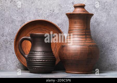 Earthenware on the table close up Stock Photo