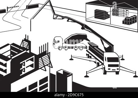 Concrete pump truck pouring wall on new building – vector illustration Stock Vector
