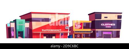 Store buildings, clothes shop, supermarket, fast food court and pharmacy facades. Modern city architecture exteriors, market place front view isolated on white background, Cartoon vector illustration Stock Vector