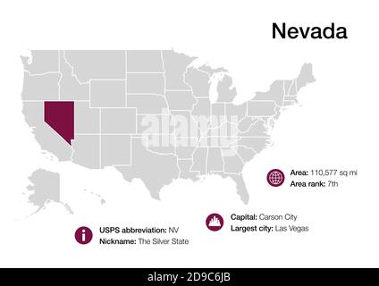 Map of state with political demographic information and biggest cities Stock Photo