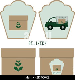Online order and food or product express delivery concept. Isolated vector illustrations for food truck, vegan cafe, restaurant and natural organic fo Stock Vector