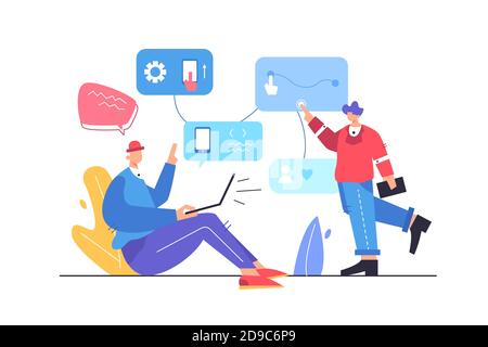 Two guys are setting up the application logic Stock Vector