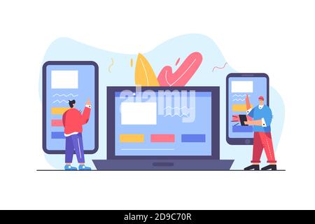 Two guys look at responsive website design Stock Vector