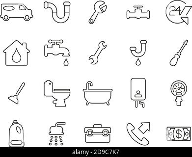 Plumbing Service & Equipment Icons Black & White Thin Line Set Big Stock Vector