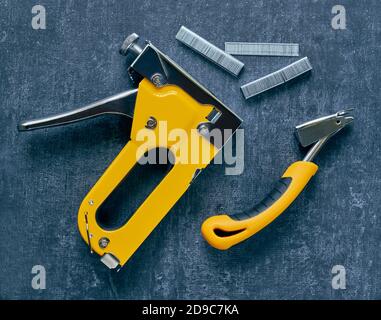 Tools for upholstery work, top view, close-up, stylized Stock Photo