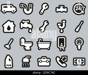 Plumbing Service & Equipment Icons White On Black Sticker Set Big Stock Vector