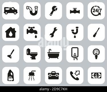 Plumbing Service & Equipment Icons Black & White Flat Design Set Big Stock Vector